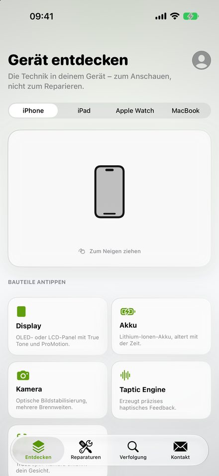 App-Bildschirm „Gerät entdecken“ mit den Bauteilen eines iPhones