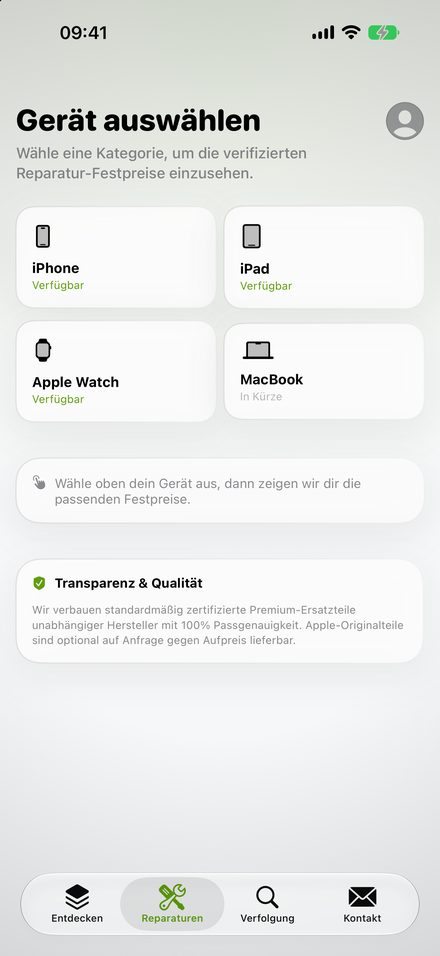 App-Bildschirm „Gerät auswählen“ mit iPhone, iPad, Apple Watch und MacBook